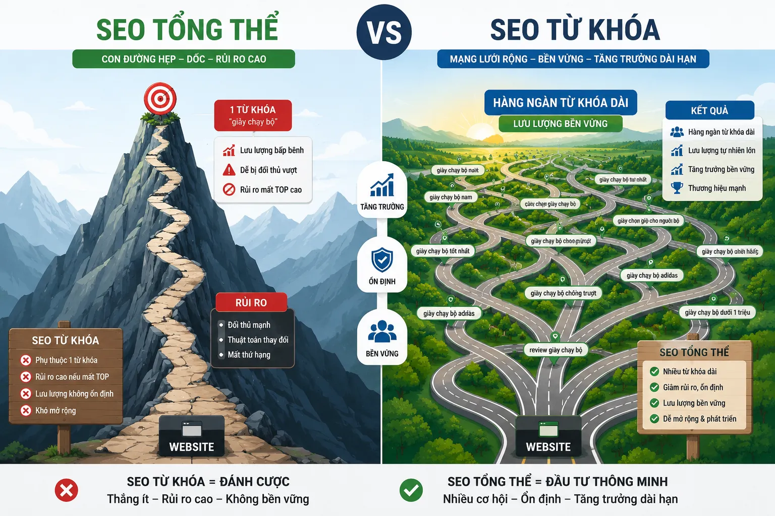 So sánh SEO tổng thể và từ khóa về mô hình tiếp cận lưu lượng truy cập