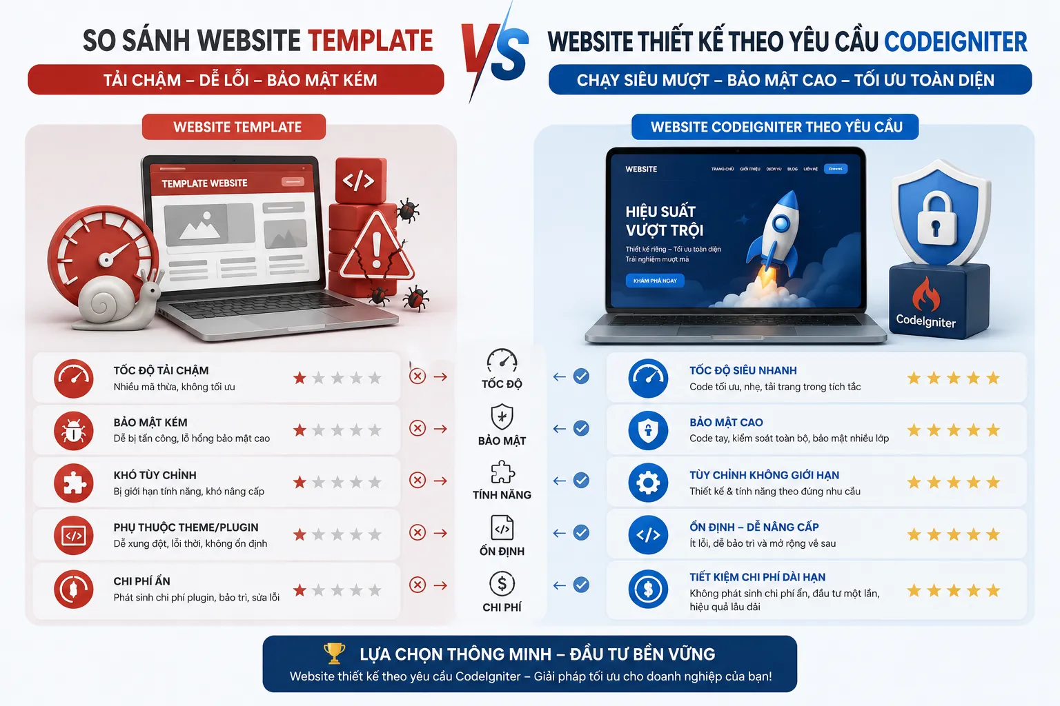 So sánh thiết kế website theo yêu cầu và website theo mẫu sẵn có